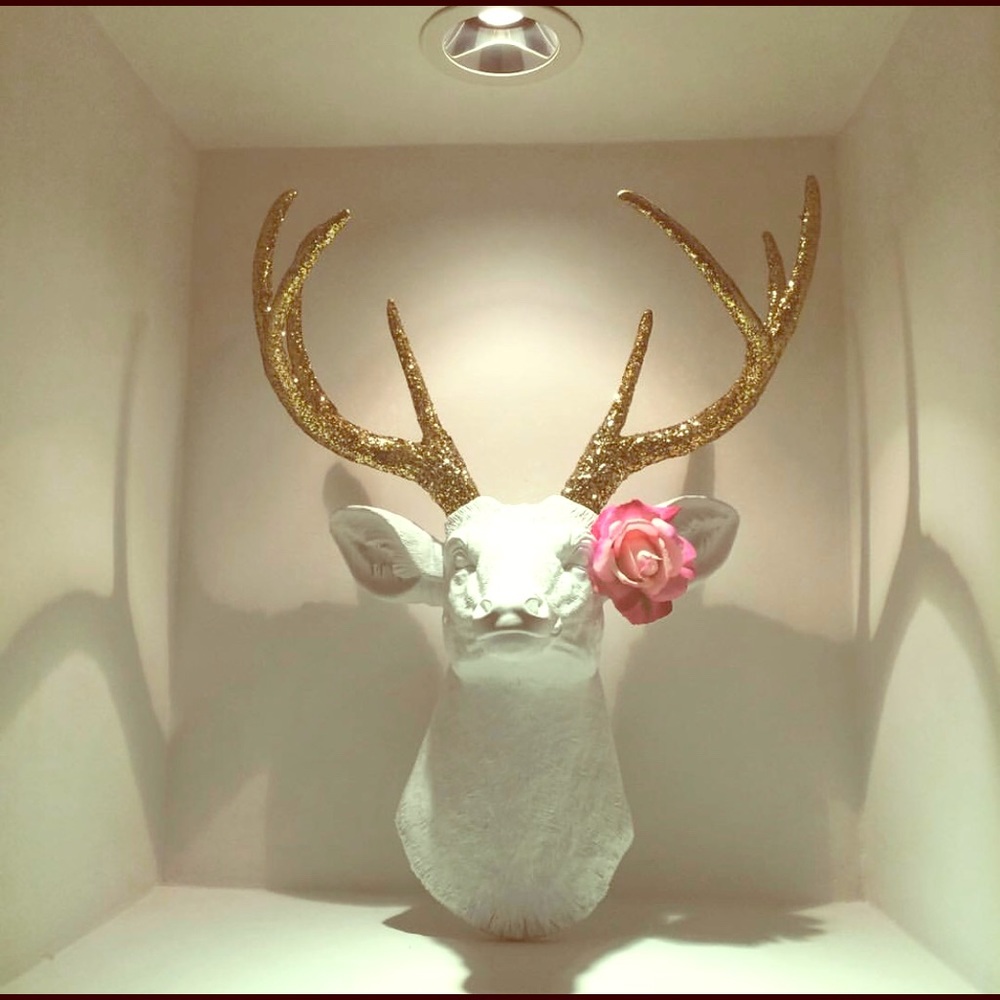 White Faux Taxidermy deer head w/ glitter antlers